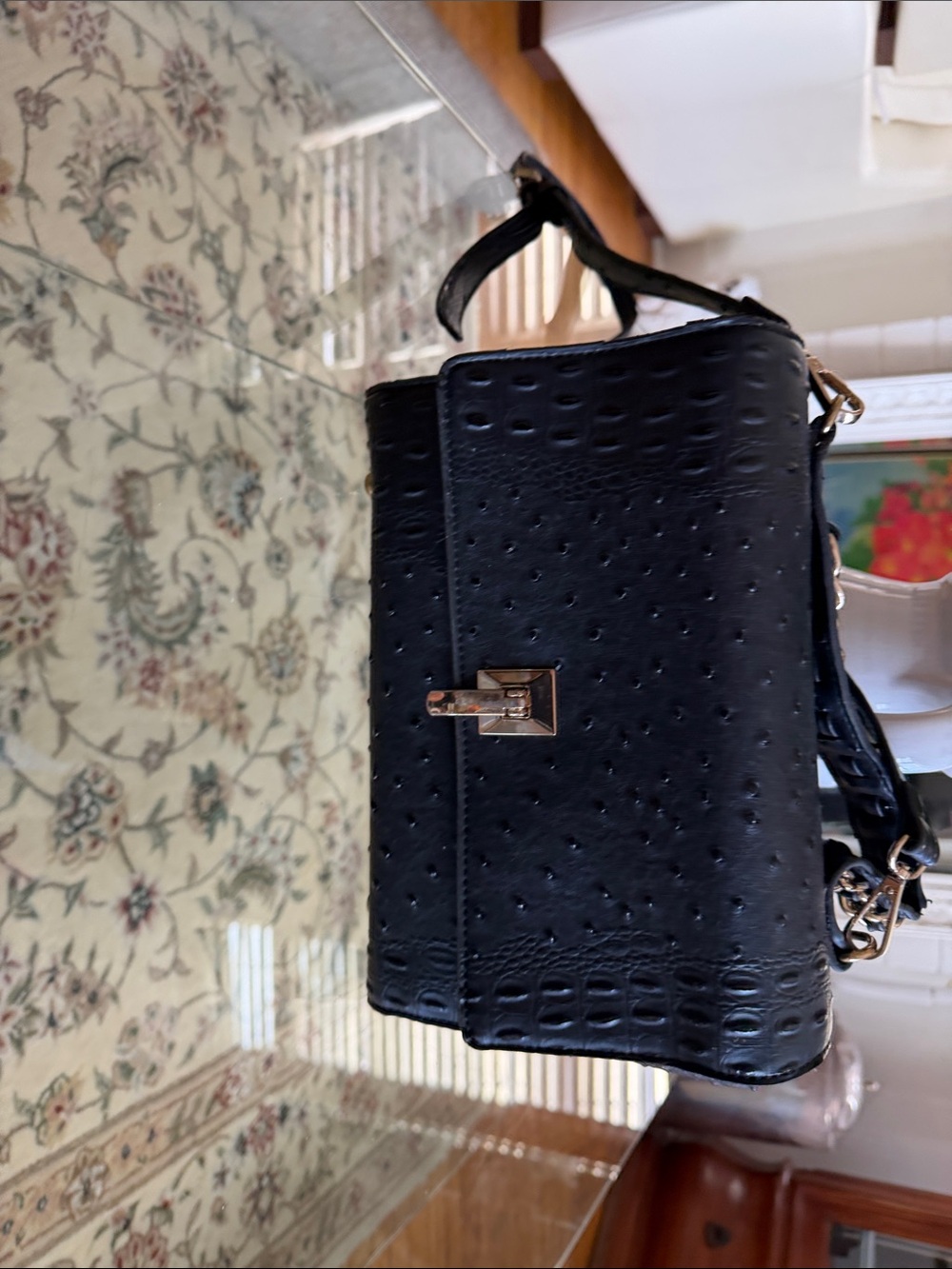 Black Textured Leather Crossbody Bag